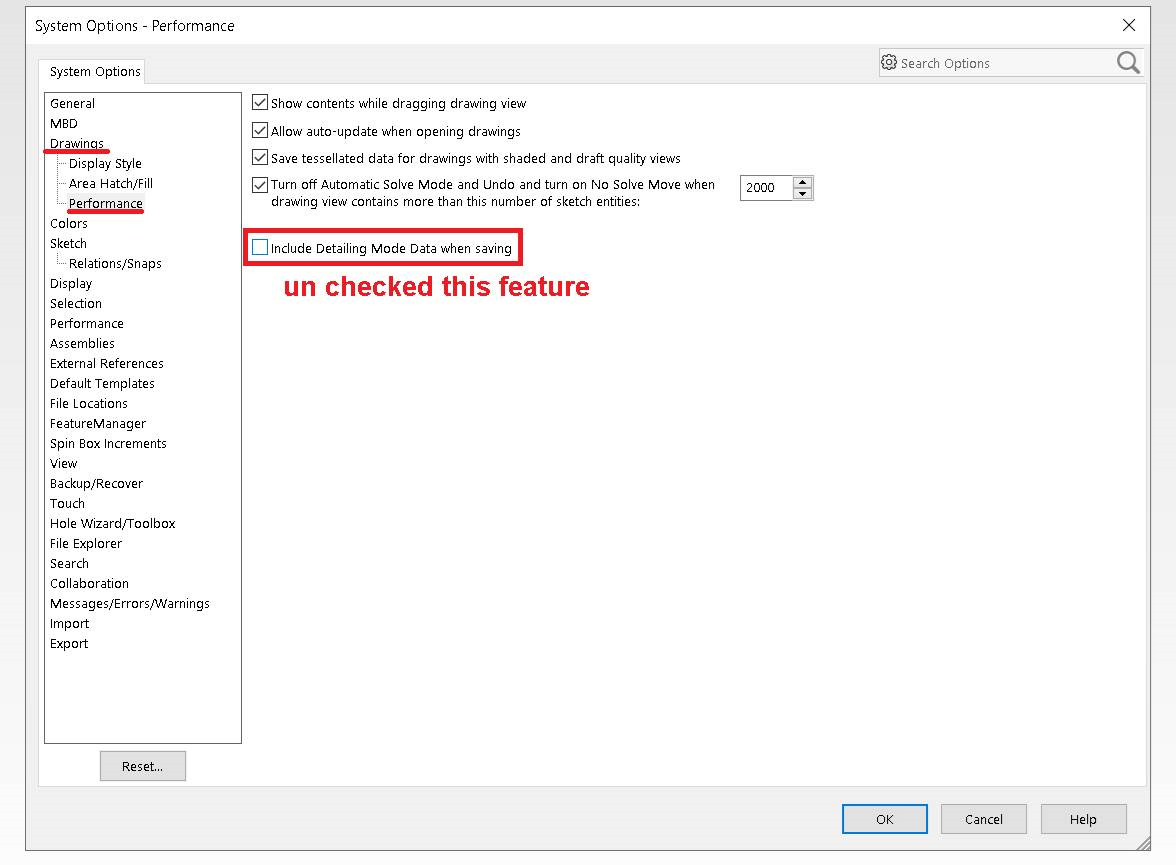 SOLIDWORKS Drawing Disable Detailing Mode for Faster Opening - IME Wiki